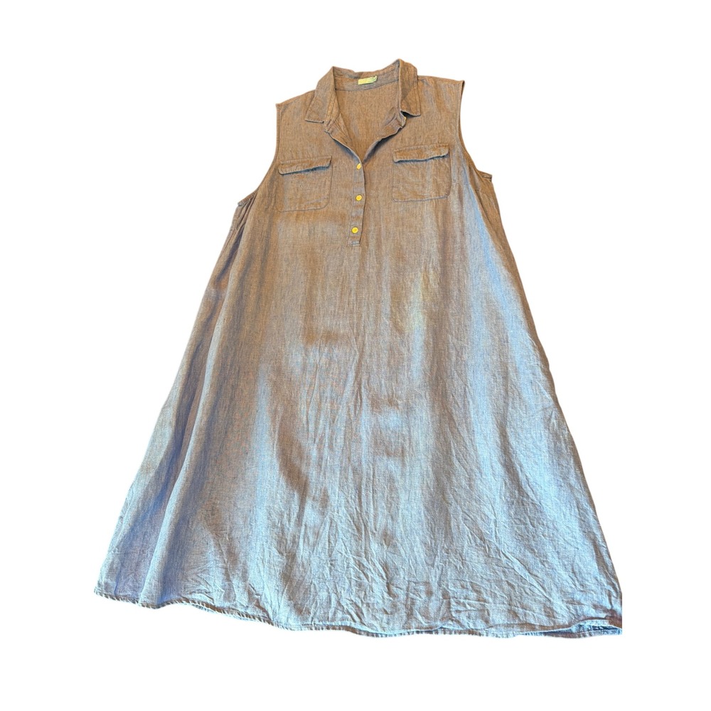 J.McLaughlin Dress Blue Linen Sleeveless Shift Collared Button Front Pockets XL